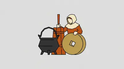 Flat illustration of a person in a hood standing by a black cauldron, a wooden churn, and a large millstone wheel