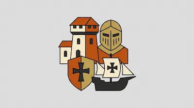 Flat illustration of a medieval castle tower, a knight helmet, a shield with a cross, and a sailing ship on grey background
