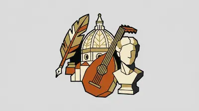 Flat illustration of a quill pen, a lute, a marble bust, and a domed cathedral building on a light gray background