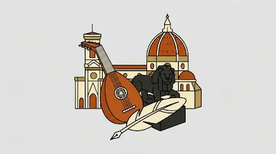 Flat illustration of a lute, a quill pen, and a black lion statue in front of a domed cathedral on a gray background