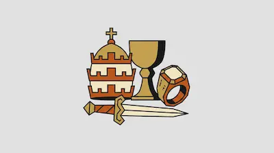 Flat illustration of a golden crown with a cross, a chalice, a ring, and a sword on a plain light grey background