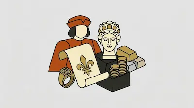 Flat illustration of a nobleman, a classical bust, gold bars, and a fleur-de-lis scroll on a light gray background