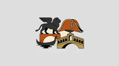 Flat illustration of a winged lion, a bicorne hat, a gondola, and a stone arch bridge on a light grey background