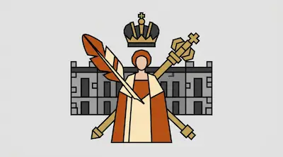 Flat illustration of a faceless queen with a crown, a large quill, and a scepter in front of a stone building
