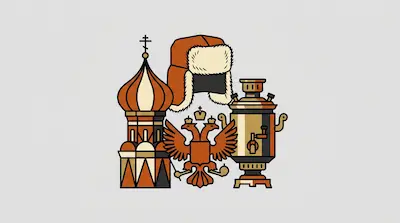 Flat illustration of a Russian ushanka hat, an onion dome, a double-headed eagle, and a samovar on a gray background
