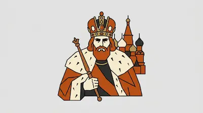 Flat illustration of a bearded king with a crown and scepter, standing before a cathedral with onion domes