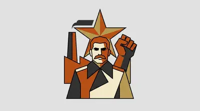 A mustachioed man with a raised fist in front of a five-pointed star and a factory smokestack.