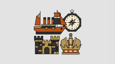 Flat illustration of a steamship, a compass, a castle wall, and a royal crown in a geometric style on a gray background