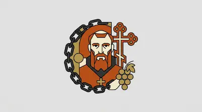 Flat illustration of a bearded man with a cross, grapes, and a heavy chain border on a light gray background
