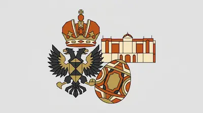 Flat illustration of a double headed eagle, a royal crown, a palace, and a decorative egg on a light gray background