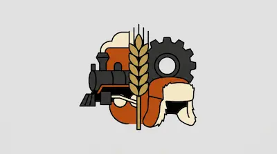 Flat illustration of a steam locomotive, a stalk of wheat, a gear, and a winter hat on a light grey background