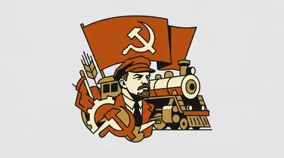A bearded man in a cap standing before a banner with a hammer and sickle, beside a locomotive.