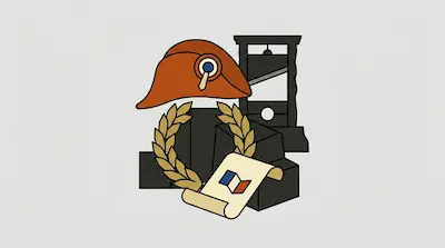 Flat illustration of a bicorne hat, a guillotine, a laurel wreath, and a scroll on a light gray background