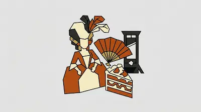 Flat illustration of a woman in a gown with a slice of cake, a hand fan, and a guillotine on a gray background