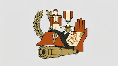 Flat illustration of a military uniform, a bicorne hat, a telescope, and a medal on a light gray background