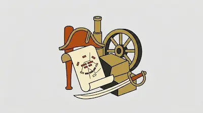 Flat illustration of historical items including a bicorne hat, a paper map, a sword, and a wooden wheel