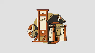 Flat illustration of a guillotine, a bicorne hat, a fleur-de-lis, and a stone fortress on a light gray background