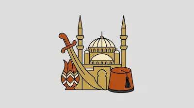 Flat illustration of a mosque with minarets, a curved scimitar sword, and a red fez hat on a light gray background