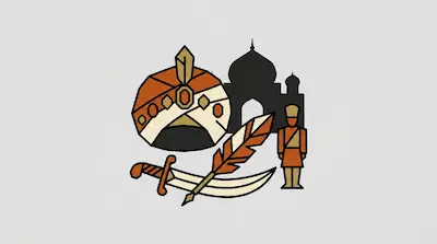 Flat illustration of a jeweled turban, a curved sword, and a palace silhouette in orange and black tones