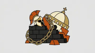 Flat illustration of a Spartan helmet, a domed building, and a gold chain draped over a dark stone wall