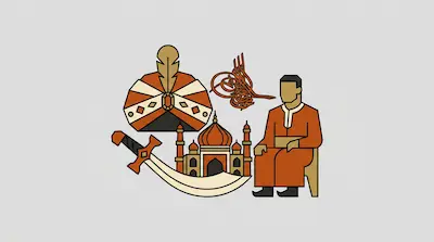 Flat illustration of a man in orange robes next to a scimitar, a domed palace, and a feathered turban on a gray background