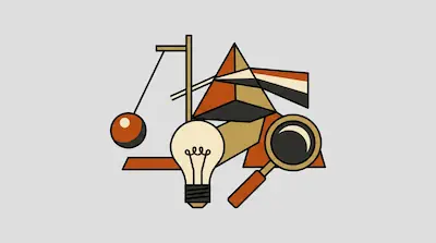 Flat illustration of a lightbulb, a magnifying glass, and a pendulum in a geometric style with earthy tones.