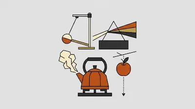 Flat illustration of physics concepts including a pendulum, a light prism, a steaming kettle, and a falling apple