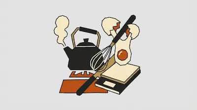 Flat illustration of a steaming black kettle, a whisk, a cracked egg, and a kitchen scale on a grey background