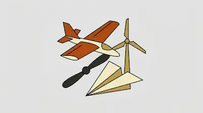 Flat illustration of a brown airplane, a paper plane, and a wind turbine on a light gray background