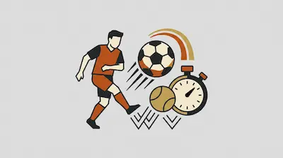 Flat illustration of a soccer player kicking a ball next to a stopwatch and a tennis ball on a gray background