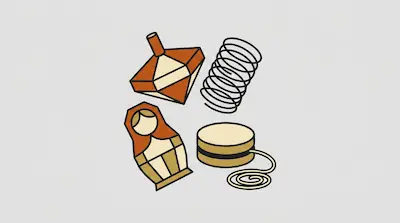 Flat illustration of a spinning top, a slinky, a matryoshka doll, and a yo-yo on a light gray background