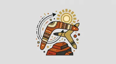 Two painted boomerangs flying past a bright sun, with a dotted arrow curving back to show their return path above a red rock.