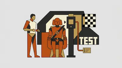 Flat illustration of a crash test dummy in a seat next to a technician, featuring a checkered flag and the word TEST