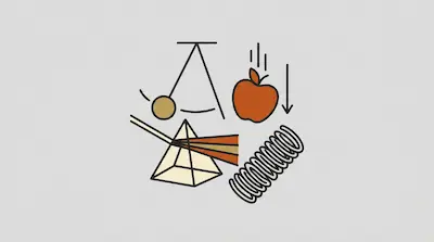 Flat illustration of physics concepts including a swinging pendulum, a falling apple, a prism, and a metal spring