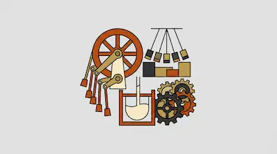 Flat illustration of industrial machinery including a large wooden wheel, hanging weights, and interlocking metal gears