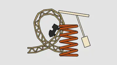 Flat illustration of a roller coaster loop, a large orange spring, and a pendulum on a light gray background