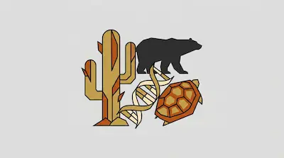 A stylized graphic featuring a cactus, a black bear silhouette, a DNA double helix, and a tortoise shell.