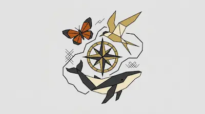 A geometric illustration of a butterfly, a bird, a compass rose, and a whale.