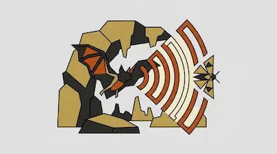 A geometric bat in a cave emits concentric sound waves toward a moth.