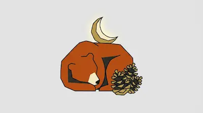 A stylized brown bear curled up asleep with a glowing crescent moon above its back and a cluster of pine cones beside it.