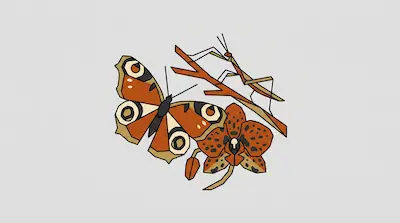 A stylized orange butterfly rests near a spotted flower and a stick insect on a branch.
