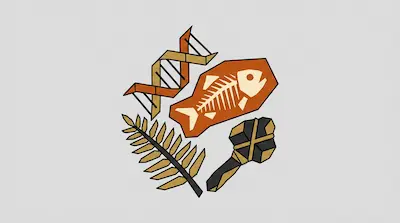 A stylized graphic featuring a DNA double helix, a fish fossil, a fern leaf, and a stone hand axe.