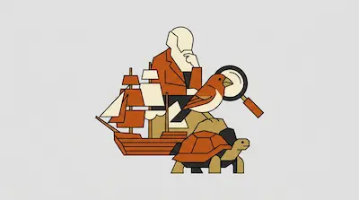 A bearded man in a thinking pose surrounded by a sailing ship, a bird, a tortoise, and a magnifying glass.
