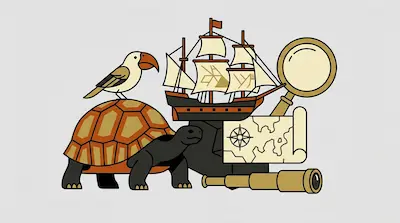 A giant tortoise with a bird on its shell is surrounded by a sailing ship, a magnifying glass, a map, and a telescope.