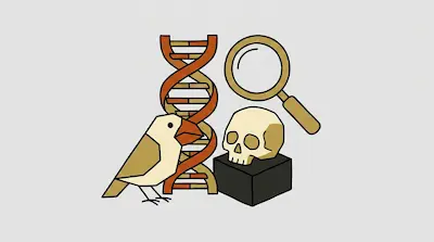 A bird, a DNA double helix, a magnifying glass, and a skull on a pedestal.