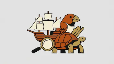A sailing ship, a finch, a tortoise, and a magnifying glass are arranged in a stylized, geometric composition.