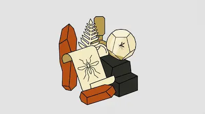 A collection of geometric objects including orange crystals, a fern leaf, a scroll with a mosquito drawing, and a mosquito inside a faceted sphere.
