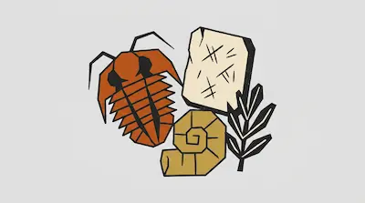 A stylized trilobite, ammonite, plant fossil, and stone slab with markings.