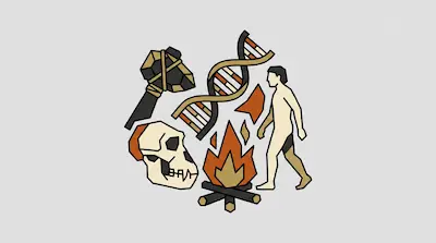 A stone axe, a DNA helix, a skull, a campfire, and a walking human figure are grouped together.