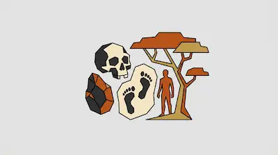 Geometric icons of a skull, a stone tool, footprints, a human silhouette, and a flat-topped tree.